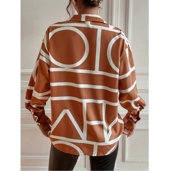 Geometric Print Blouse Buttoned Shirt Rust Color - Picture 5 of 7